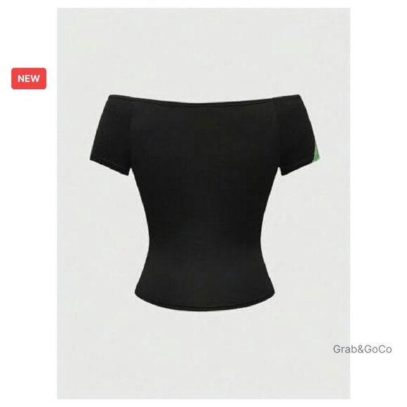 Off Shoulder Goth Crop Top Y2K Grunge Graphic Tee Slim Fit Emo Style - Picture 3 of 7